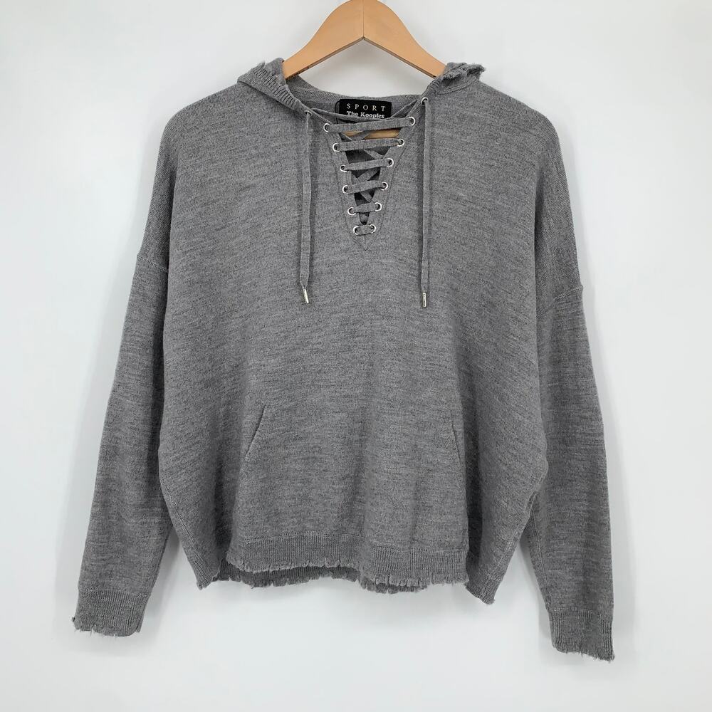 The Kooples Merino Wool Hooded Lace Up Pullover Raw Edge Sweater Hoodie - Picture 2 of 11
